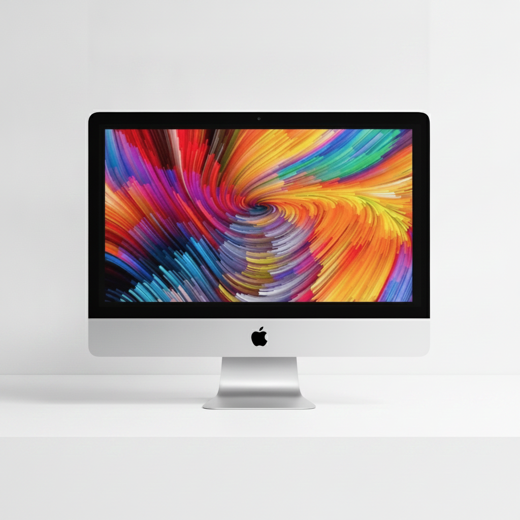 An Apple iMac desktop computer with a silver aluminum stand and black bezel, displaying a vibrant multicolor abstract wallpaper on its screen, set against a clean white background.
