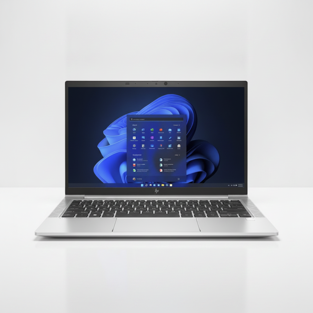 A silver laptop with a black keyboard and screen, displaying a blue Windows desktop background, set against a clean white studio backdrop.