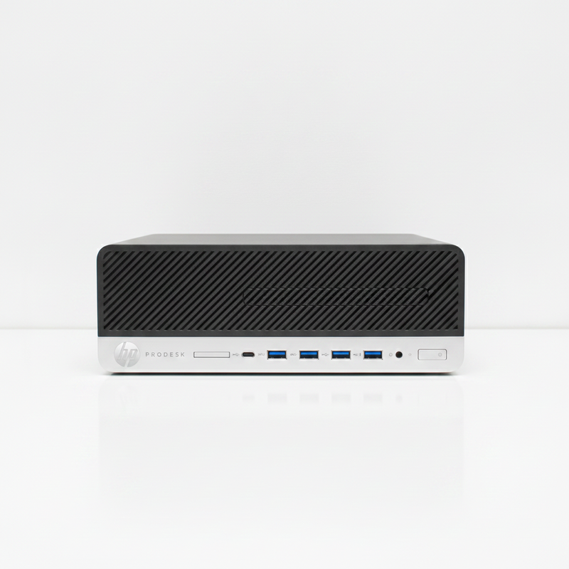 HP ProDesk mobile desktop computer in black and silver, featuring a carbon fiber pattern front panel, blue USB ports, and a white bottom chassis, shown on a clean white background.