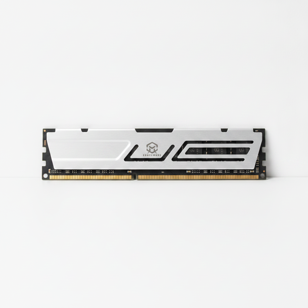 A single DDR4 RAM memory module with a silver and black heat spreader and gold-plated contacts, shown horizontally against a plain white background.