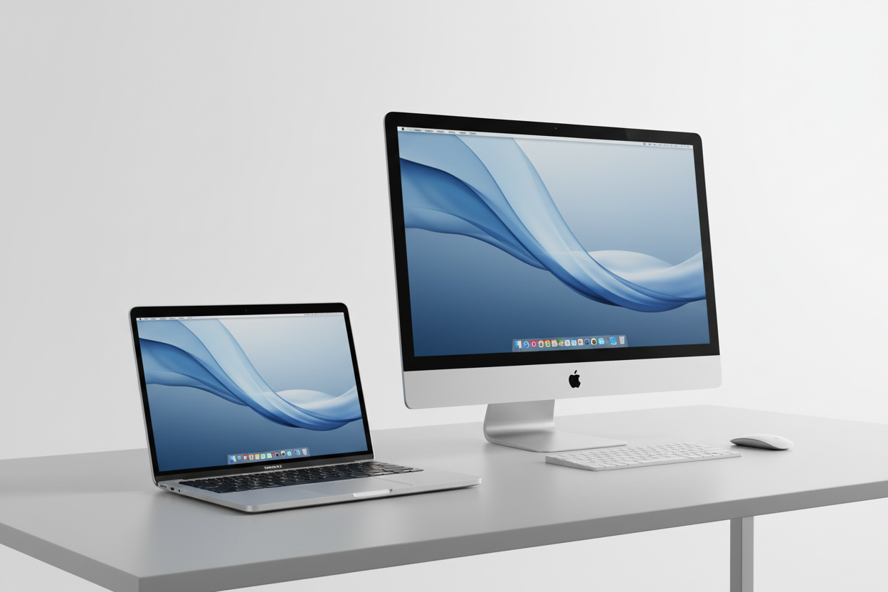 Laptop and iMac on a white desk with a light gray background