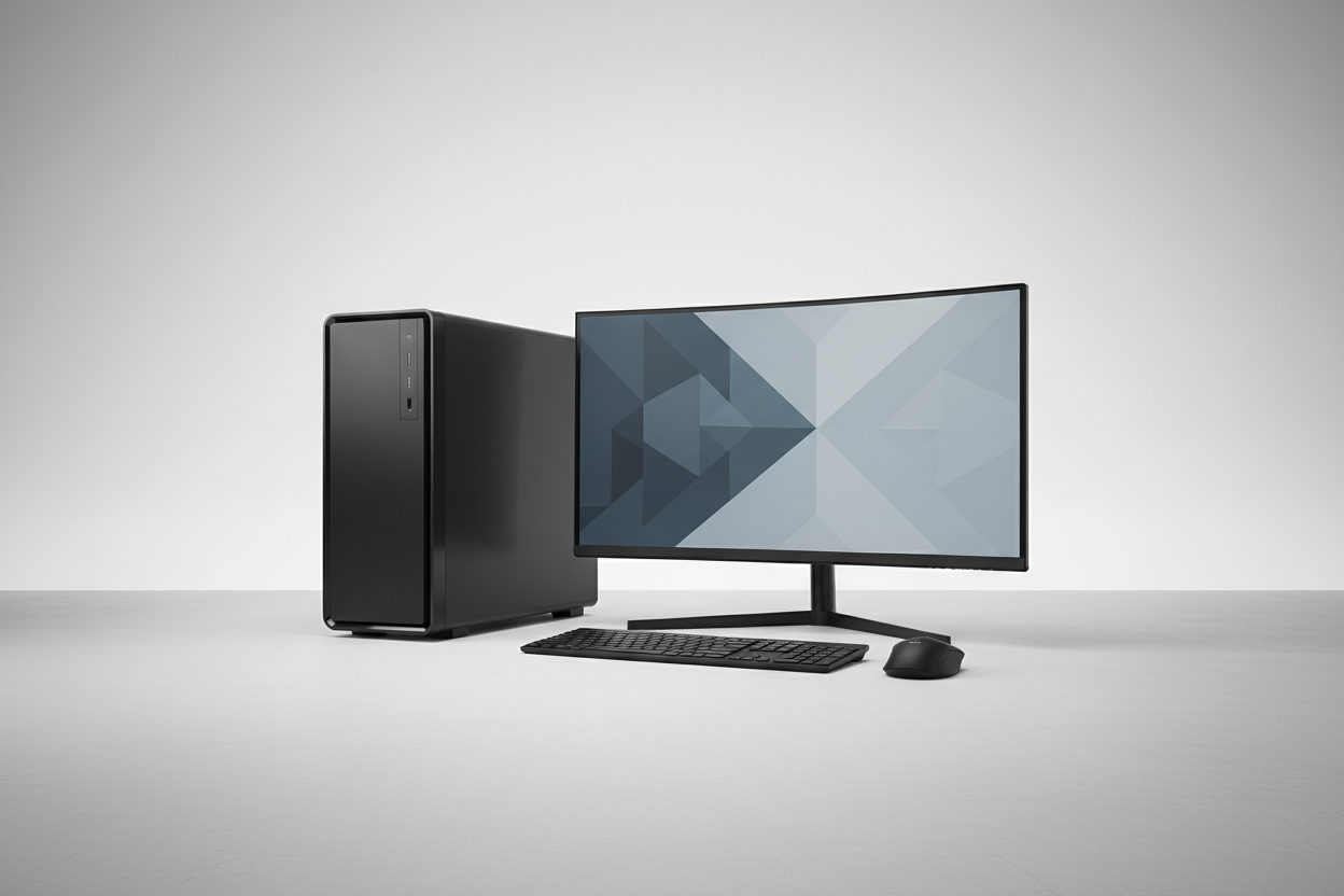 Computer setup with monitor, keyboard, and mouse on a gray background