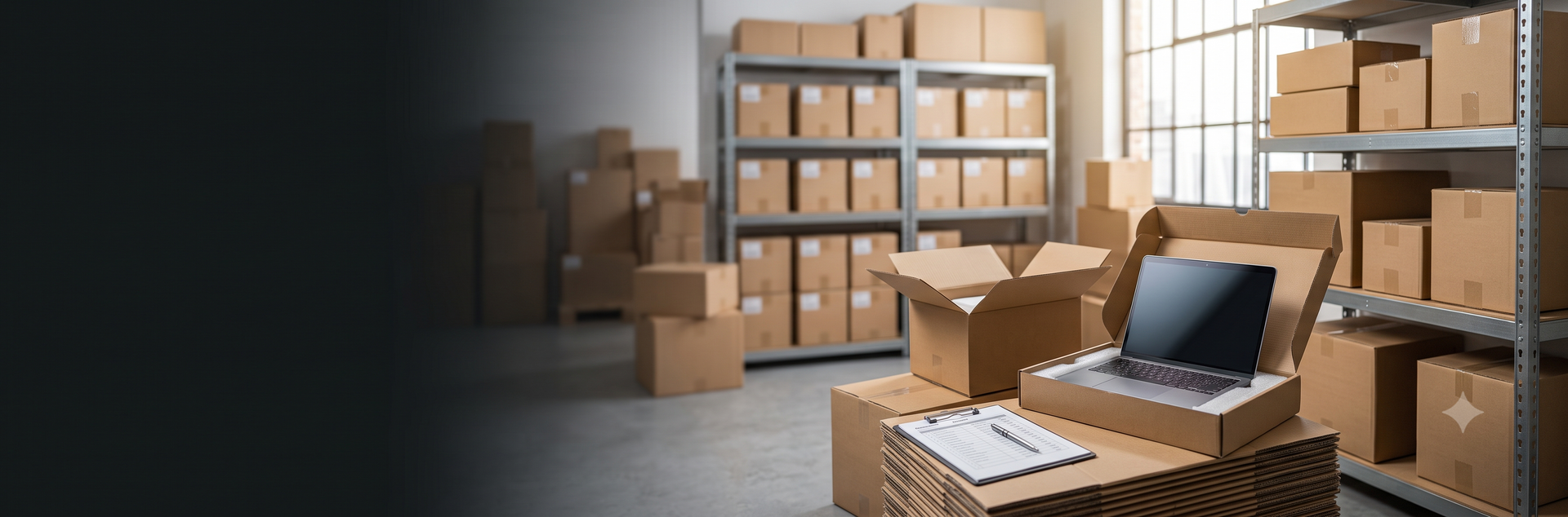 A cardboard shipping box with an open laptop inside sits on a stack of boxes in a warehouse or fulfillment center, with shelves of stacked cardboard boxes and a window in the background.