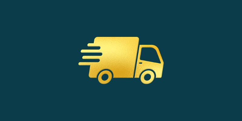 A gold delivery truck icon with motion lines on a dark teal background.