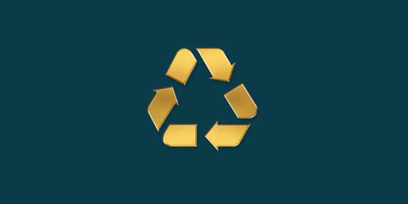 A metallic gold recycling symbol centered on a dark teal background.