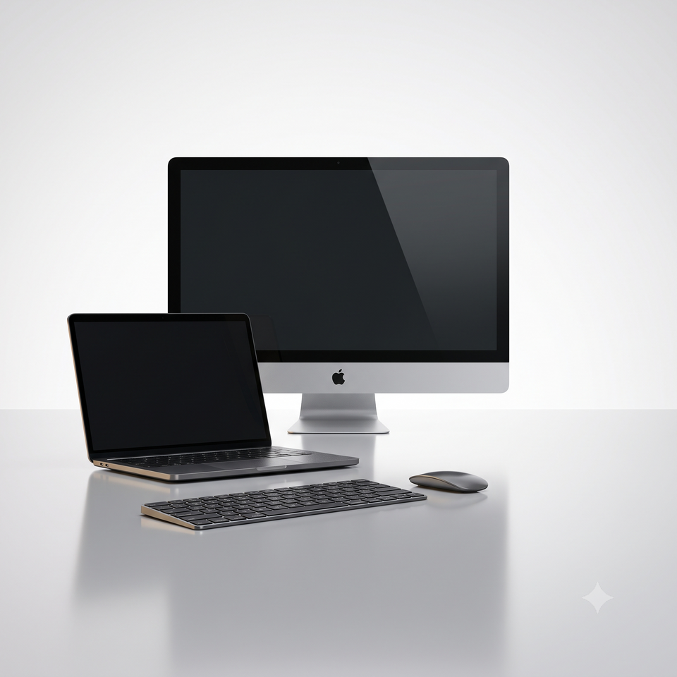 Apple iMac, laptop, keyboard, and mouse arranged on a clean white studio desk with soft reflections.