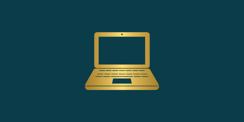 A simple gold laptop icon centered on a dark teal background.