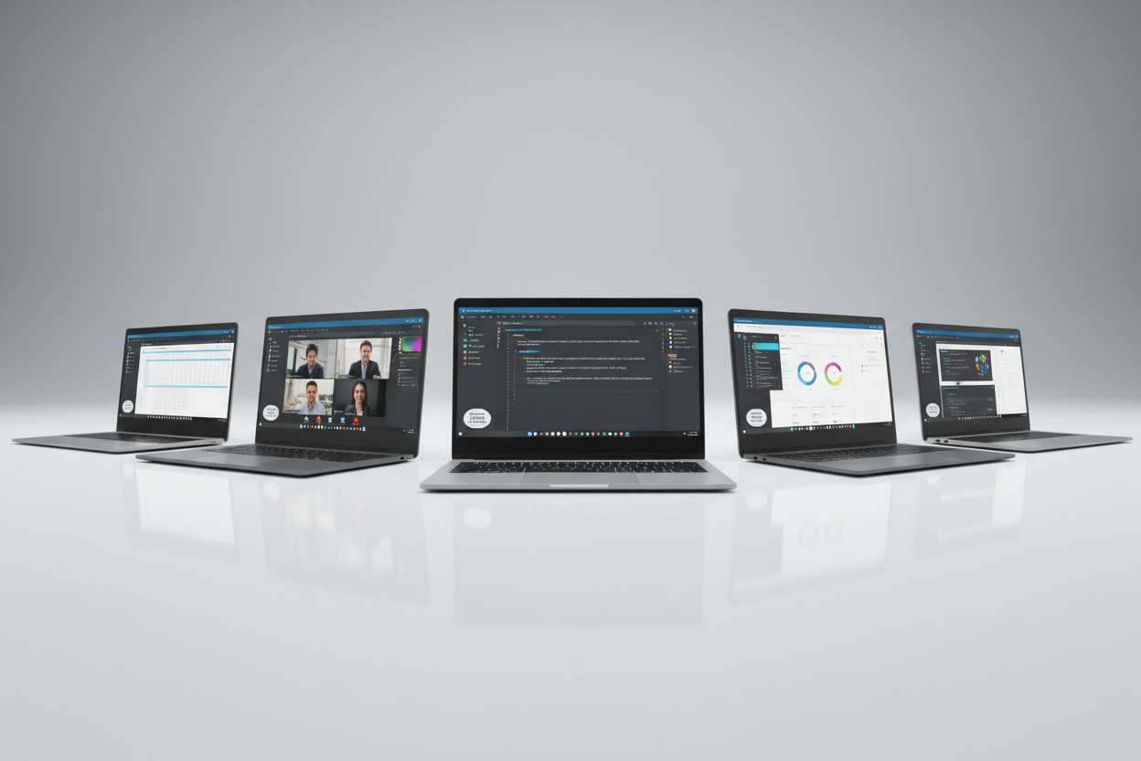 Five laptops on a reflective surface with different screens
