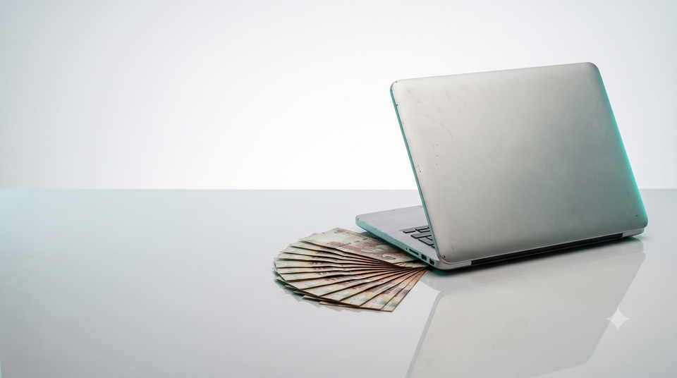 A silver laptop sits open on a glossy white surface with a fan of banknotes tucked underneath the keyboard area. The background is a clean white studio backdrop with a soft reflection.