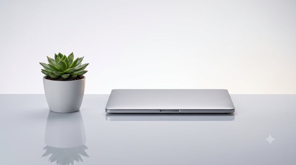 A closed silver laptop sits on a reflective light gray surface next to a small potted succulent plant against a clean white background.
